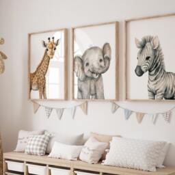 Safari Elephant Giraffe Zebra Animal Baby Girls Boys A4 Or A3 Nursery Set Of Unframed Prints Unisex Neutral Boho Beige Jungle - thumbnail 2