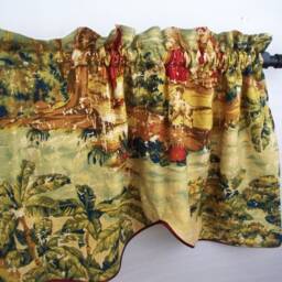 Toile Valance, Antique Red Covington Fabric, Scalloped Corded Window Treatment - thumbnail 3