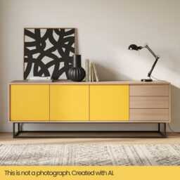Modern Sideboard Cabinet, Yellow Natural Oak Credenza, Custom Made Buffet, Unique Tv Unit Storage - thumbnail 4