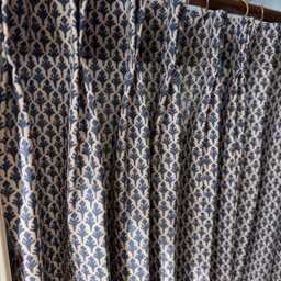 Pleated Block Print Cafe Curtain Blue Lacefield Window Treatment - thumbnail 3
