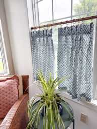 Pleated Block Print Cafe Curtain Blue Lacefield Window Treatment - thumbnail 1