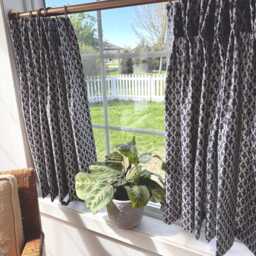 Pleated Block Print Cafe Curtain Blue Lacefield Window Treatment - thumbnail 2