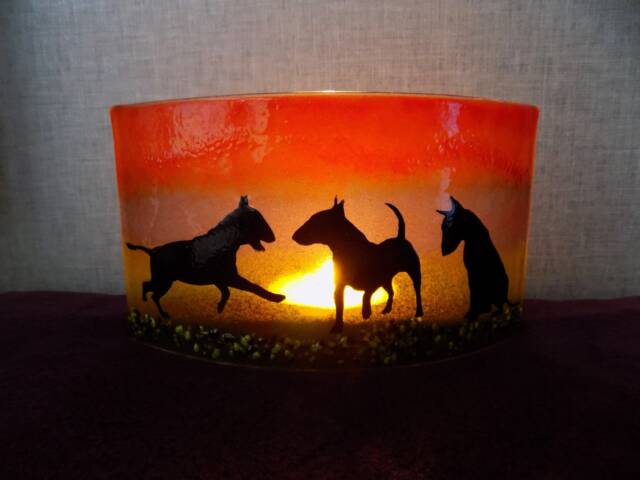 Fused Glass English Bull Terrier Tea Light Shade - Freestanding Candle Holder - image 1