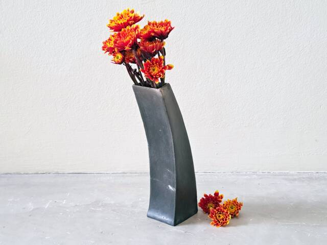 Ceramic Flower Vase, Black, Rounded Shape From Flat Clay, Special Vessel For A Special Occasion, Handmade Gift - image 1