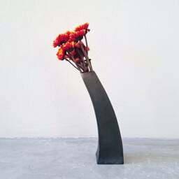 Ceramic Flower Vase, Black, Rounded Shape From Flat Clay, Special Vessel For A Special Occasion, Handmade Gift - thumbnail 3