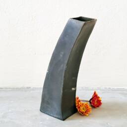 Ceramic Flower Vase, Black, Rounded Shape From Flat Clay, Special Vessel For A Special Occasion, Handmade Gift - thumbnail 2