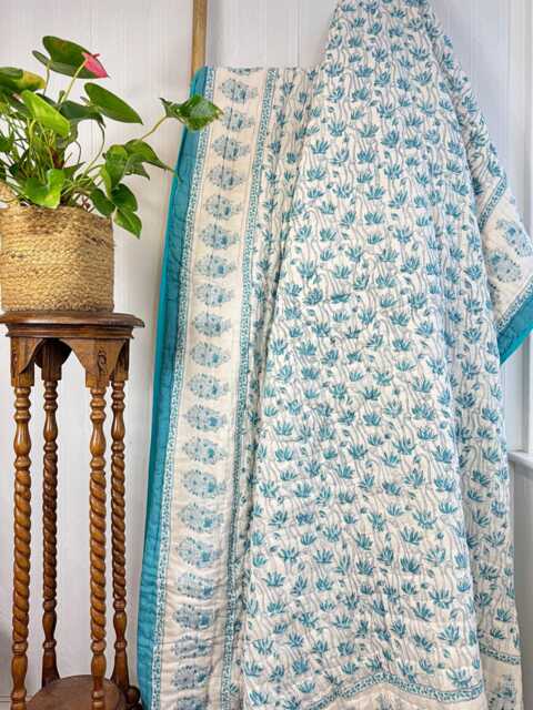 Pure Soft Cotton Indian Floral Dohar Reversible Bed/Sofa Throw Summer Quilted King Size Handmade Handprinted Pink Red - image 1