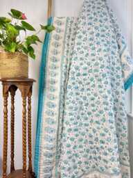 Pure Soft Cotton Indian Floral Dohar Reversible Bed/Sofa Throw Summer Quilted King Size Handmade Handprinted Pink Red - thumbnail 1