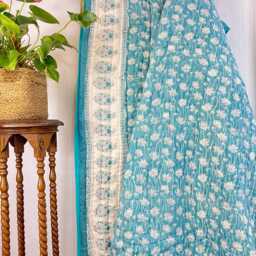 Pure Soft Cotton Indian Floral Dohar Reversible Bed/Sofa Throw Summer Quilted King Size Handmade Handprinted Pink Red - thumbnail 3