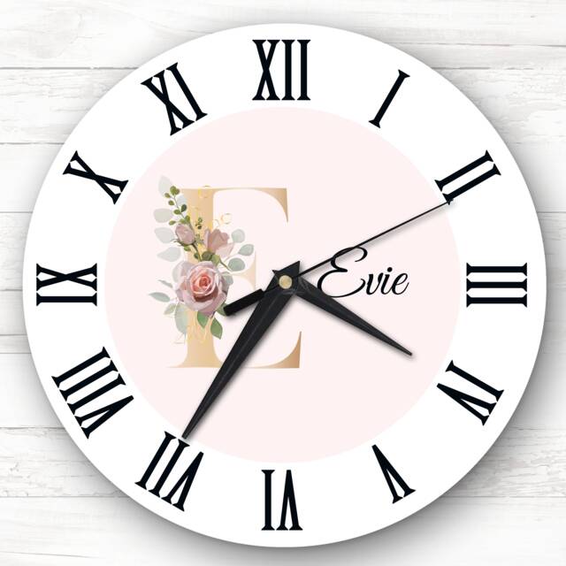 Floral Alphabet Name Initial Letter E Personalised Gift Clock - image 1