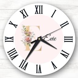 Floral Alphabet Name Initial Letter E Personalised Gift Clock - thumbnail 1