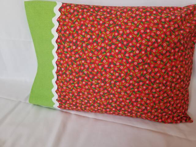 Christmas Tree Pillowcase, Red & Green Cotton Standard Pillow - image 1