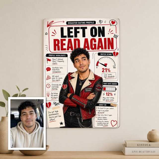Personalised Disaster Dating Profile Metal Plaque From Photo, Custom Headline Sign, Funny Romantic Red Flag Wall Decor Gift Idea - image 1