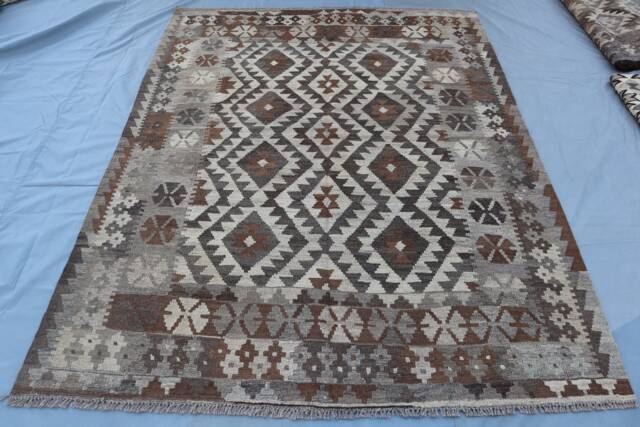 5'5x6'7 Afghan Kilim Area Rug, Beige Gray Handmade Authentic Oriental Natural Dyes Rugs For Living Room, Bedroom Carpet - image 1