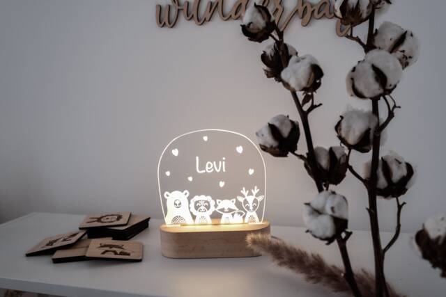 Baby Shower Gift Personalized - Night Light For Kids With Engraved Name, Birth Or Baptism Gift, Acrylic Led Lamp Beech Wood Base - image 1