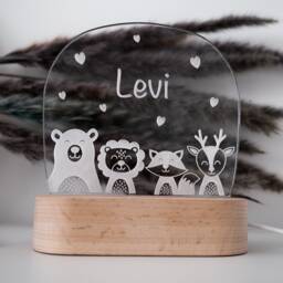 Baby Shower Gift Personalized - Night Light For Kids With Engraved Name, Birth Or Baptism Gift, Acrylic Led Lamp Beech Wood Base - thumbnail 2