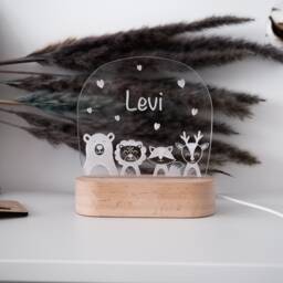 Baby Shower Gift Personalized - Night Light For Kids With Engraved Name, Birth Or Baptism Gift, Acrylic Led Lamp Beech Wood Base - thumbnail 3