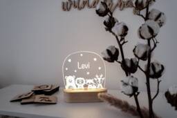 Baby Shower Gift Personalized - Night Light For Kids With Engraved Name, Birth Or Baptism Gift, Acrylic Led Lamp Beech Wood Base