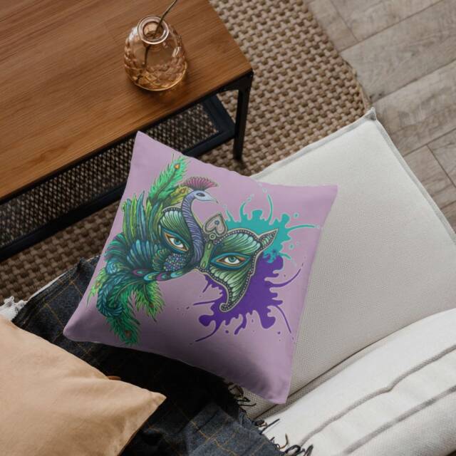 Peacock Double-Sided Cotton Pillow - Animal Home Decor Masquerade Mask Tribal Art Drawing Lavender Black - image 1