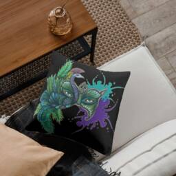 Peacock Double-Sided Cotton Pillow - Animal Home Decor Masquerade Mask Tribal Art Drawing Lavender Black - thumbnail 2