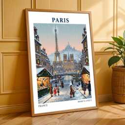 Vintage Paris Eiffel Tower Poster Winter Christmas Market Art - thumbnail 3