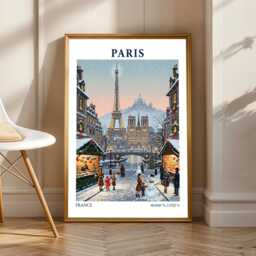 Vintage Paris Eiffel Tower Poster Winter Christmas Market Art - thumbnail 1