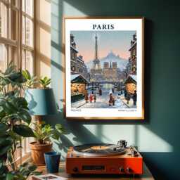Vintage Paris Eiffel Tower Poster Winter Christmas Market Art - thumbnail 2