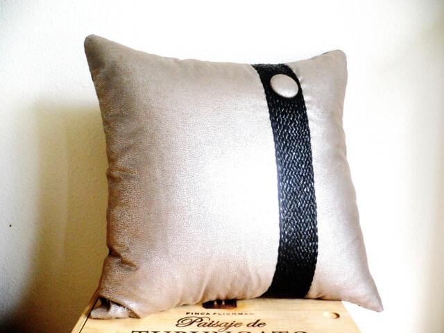 Pillow...modern Pillow With Button...decorative Throw Pillow...hand Made Case...silver & Copper Natural Fabrics...braided Detail - image 1