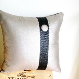 Pillow...modern Pillow With Button...decorative Throw Pillow...hand Made Case...silver & Copper Natural Fabrics...braided Detail - thumbnail 3
