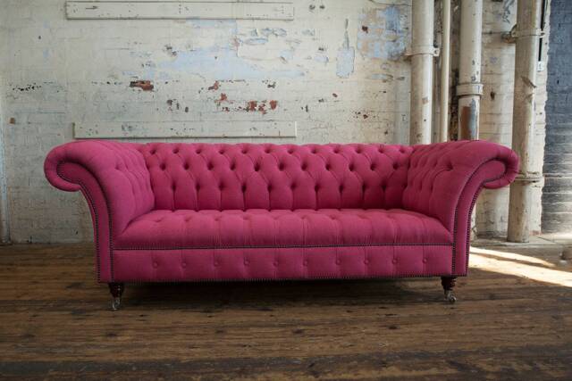 Handmade Bright Pink Wool 3 Seater Chesterfield Sofa - image 1