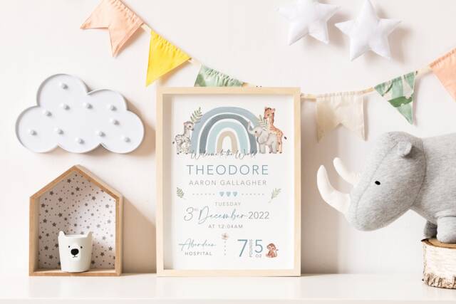 New Baby Personalised Print Birth Details Keepsake Gift, Newborn Girls Boys Nursery Decor - image 1