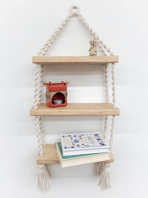 Triple Macrame Hanging Shelf Boho Shelves Eco-Friendly Nursery Wooden Three Tier Modern Wall Mount 3 Rope - image 1