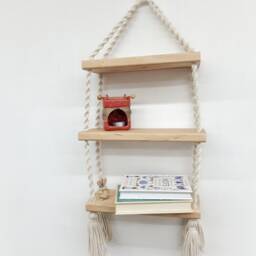 Triple Macrame Hanging Shelf Boho Shelves Eco-Friendly Nursery Wooden Three Tier Modern Wall Mount 3 Rope - thumbnail 2
