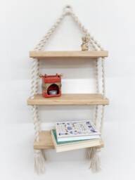 Triple Macrame Hanging Shelf Boho Shelves Eco-Friendly Nursery Wooden Three Tier Modern Wall Mount 3 Rope - thumbnail 1