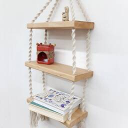 Triple Macrame Hanging Shelf Boho Shelves Eco-Friendly Nursery Wooden Three Tier Modern Wall Mount 3 Rope - thumbnail 3