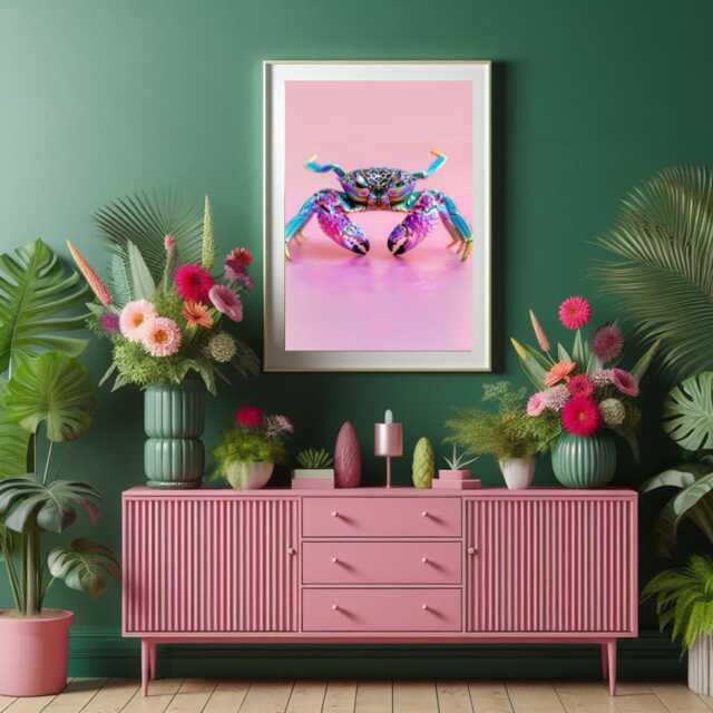 Colourful Crab Wall Art - Maximalist Leopard Print Animal Pastel Pink Quirky Decor Coastal Glam Statement Artwork - image 1