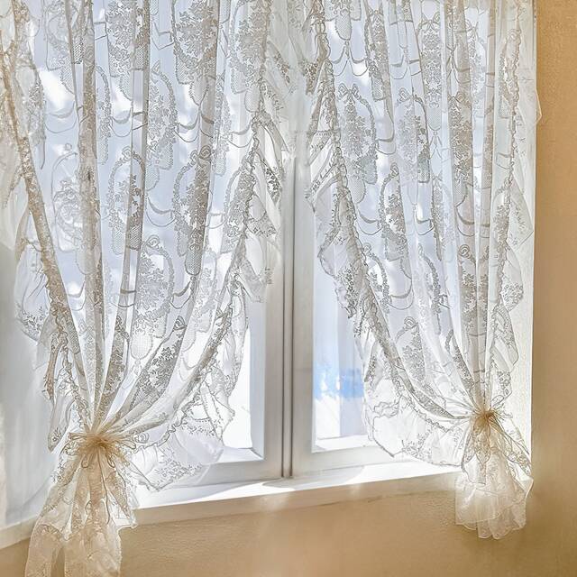Floral Lace Curtain Vintage-Inspired White Sheer Drapes With Ruffle Edge - image 1