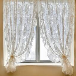 Floral Lace Curtain Vintage-Inspired White Sheer Drapes With Ruffle Edge - thumbnail 2