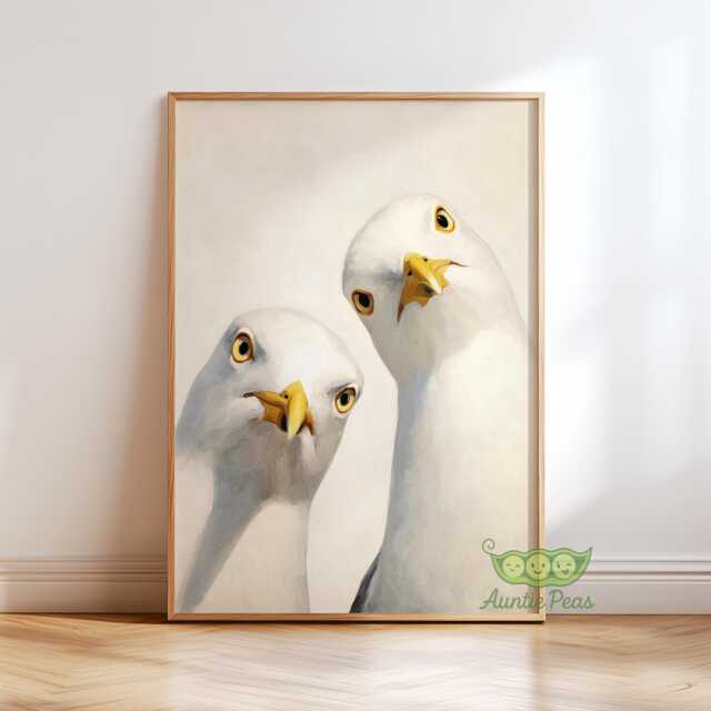 Whimsical Seagulls Art Print, Mid Century Retro Bird Poster, Funny Animal Wall Art, Coastal Beach Quirky Decor, Kitchen Or Living Room - image 1