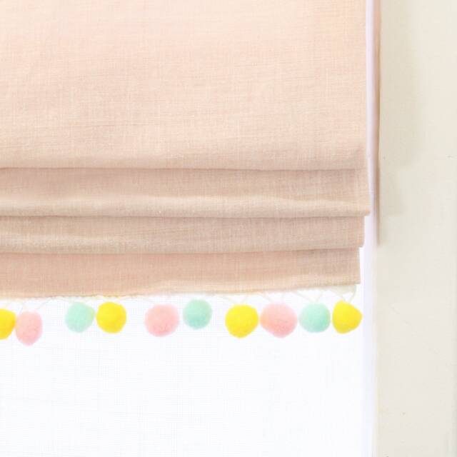 Light Pink Linen Flat Roman Shade With Pom Trim, Nursery Window - Blackout Option, Cl1010 - image 1