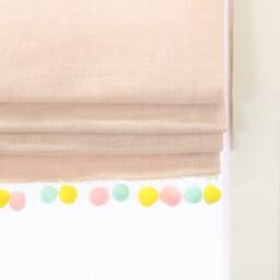 Light Pink Linen Flat Roman Shade With Pom Trim, Nursery Window - Blackout Option, Cl1010 - thumbnail 1