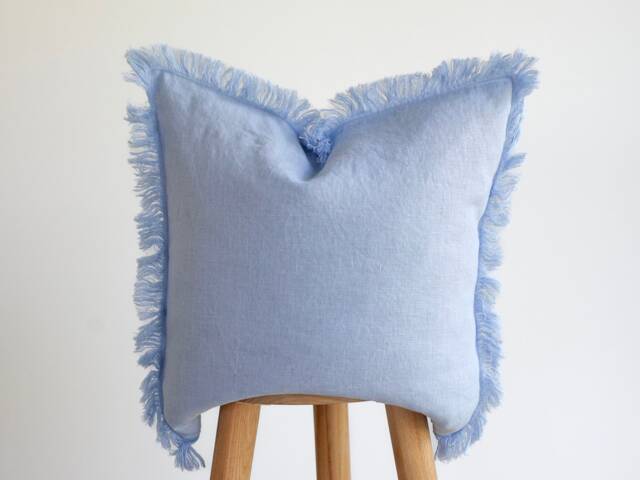 Blue Long Fringe Edge Square Pillow Cover, Linen Decorative Pillow For Room Decor in Boho Style, Suitable Bedroom - image 1