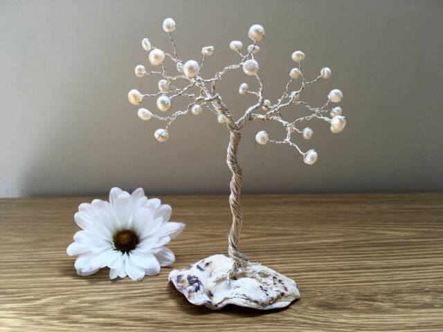 Small Pearl Tree Sculpture. Wedding Anniversary Gift. 30Th & Oyster Mini Wire Ornament. Silver Plated - image 1