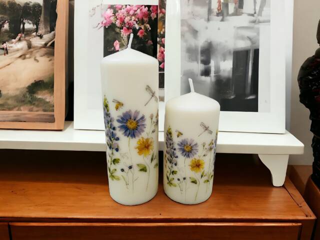 Set Of 2 Wildflower Dragonfly Tall Pillar Candles, & Dragonfly Themed Candle Gift Set, Home Decorations, Dragonflies - image 1