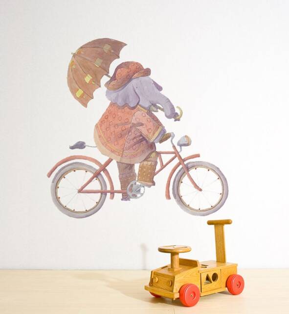 Elephant Riding Bike Wall Sticker Decal - Kids Stickers, Animals Childrens Decals, Art, Room, Girl, Boy