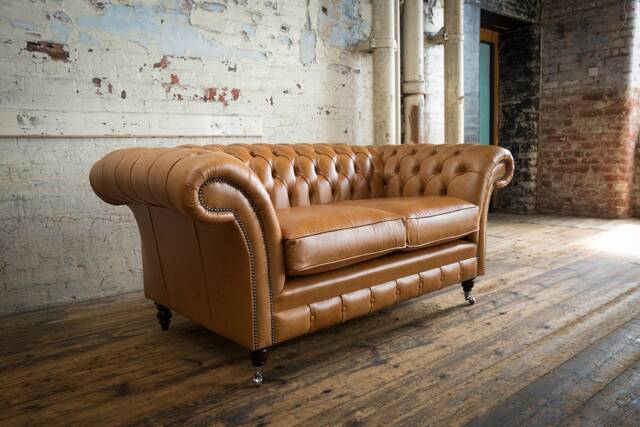 2 Seater Vintage Tan Leather Chesterfield Sofa, British Handmade - image 1