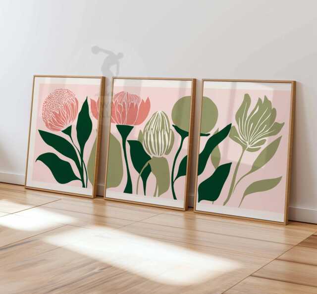 Retro Flower Wall Art Set Of 3, Mid Century Modern Floral Prints, Boho Living Room Decor, Bold Botanical Poster Set, Aesthetic - image 1