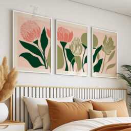 Retro Flower Wall Art Set Of 3, Mid Century Modern Floral Prints, Boho Living Room Decor, Bold Botanical Poster Set, Aesthetic - thumbnail 3