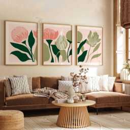 Retro Flower Wall Art Set Of 3, Mid Century Modern Floral Prints, Boho Living Room Decor, Bold Botanical Poster Set, Aesthetic - thumbnail 2