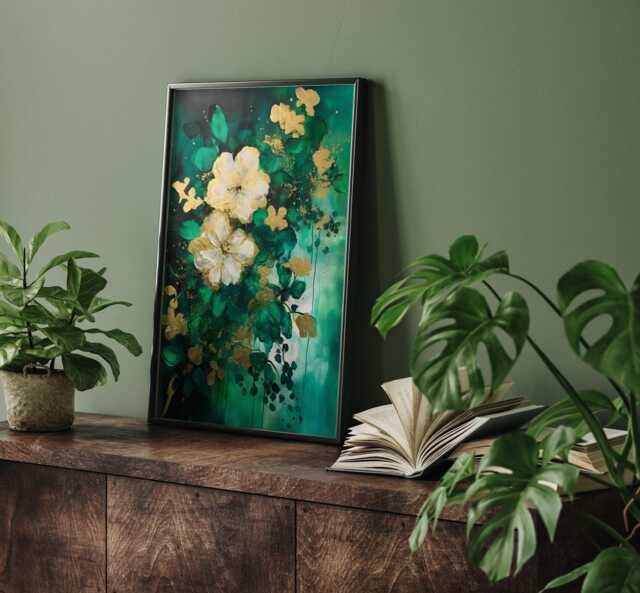 Emerald Green & Gold Floral Wall Art Print - Botanical Flower Decor - image 1
